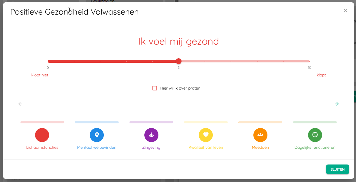 Schermbeeld van Orino: vragenlijst Positieve Gezondheid met de stelling ‘Ik voel mij gezond’ en een schuifbalk van 0 tot 10.