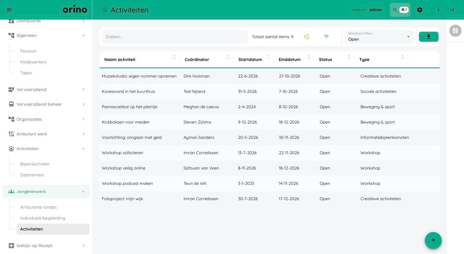 Schermbeeld van Orino: het overzicht van de activiteiten van het jongerenwerk, met per activiteit de coördinator, de start- en einddatum, de status en het type.