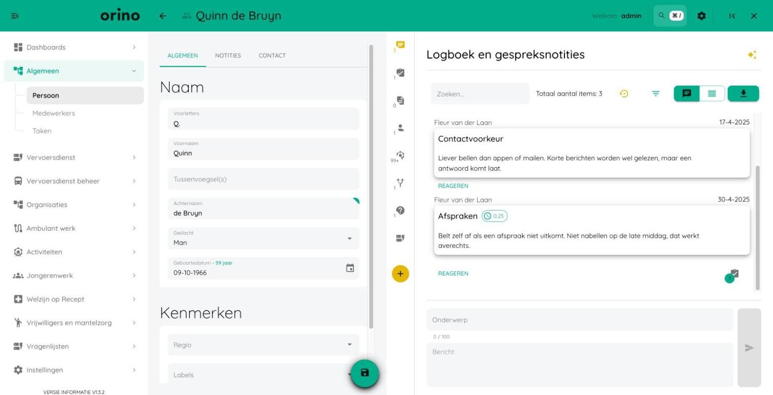 Schermbeeld van Orino: naast het dossier van een inwoner het logboek, met gespreksnotities over contactvoorkeur en afspraken.