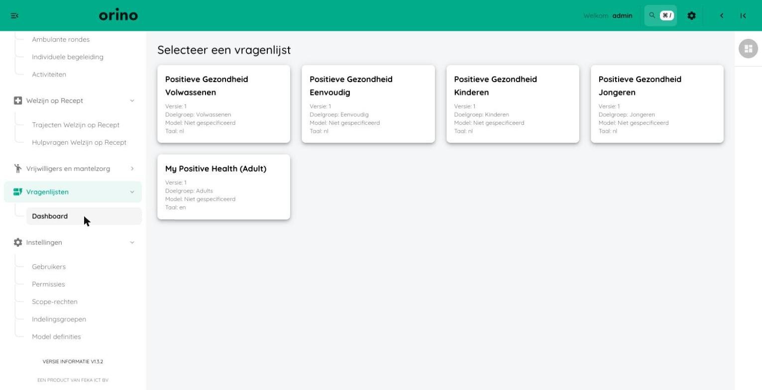 Schermbeeld van Orino: vragenlijsten Positieve Gezondheid voor volwassenen, kinderen en jongeren, en een eenvoudige versie.